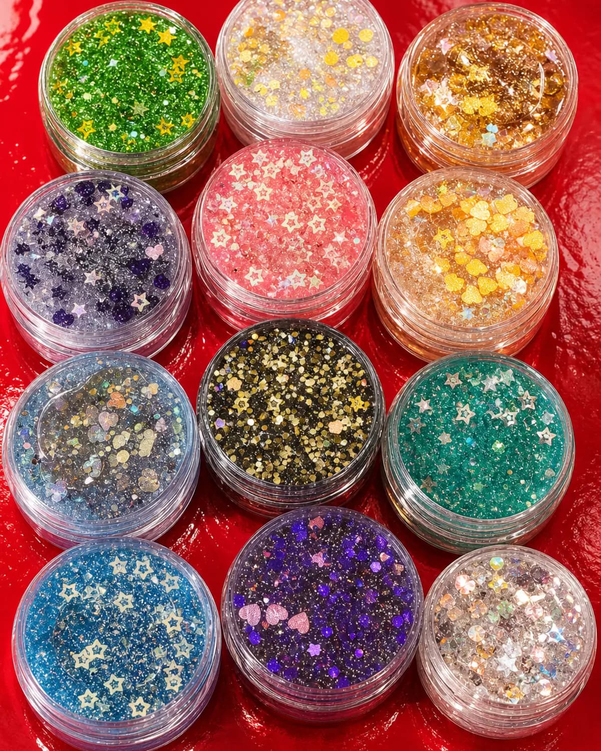 Top-down layout of colorful glitter gel jars