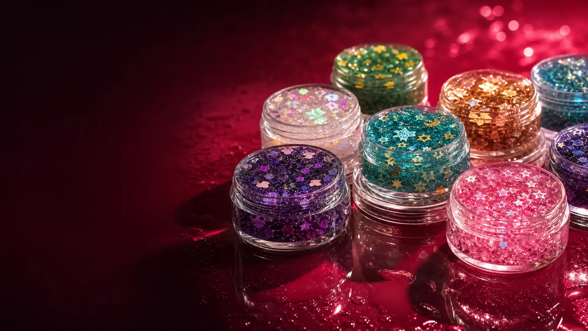 A collection of small aloe glitter gel jars on a red studio table